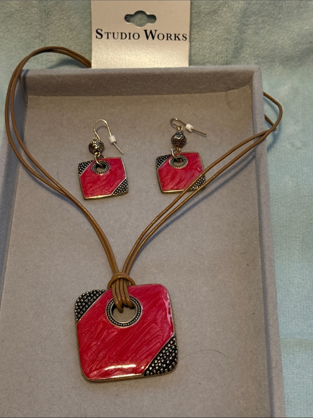 Studio Works Hot Pink Square Enamel Pendant Necklace with Matching Earrings